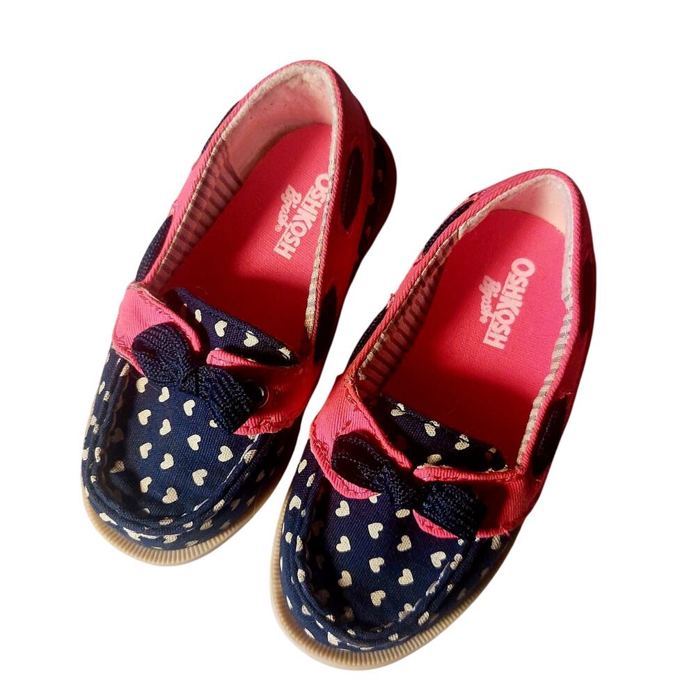 OshKosh B'gosh Baby/Toddler Girl's Slip-Ons Sz6 Navy/Pink White Hearts and Bow